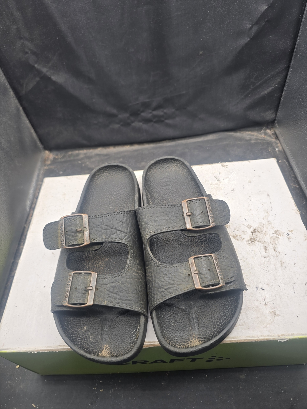 Pali Hawaii Black Double-Strap Slide Sandals with Bronze Buckles